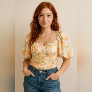 Abercrombie & Fitch Floral Puff Sleeve Sweetheart Neck Ruched Crop Top Small